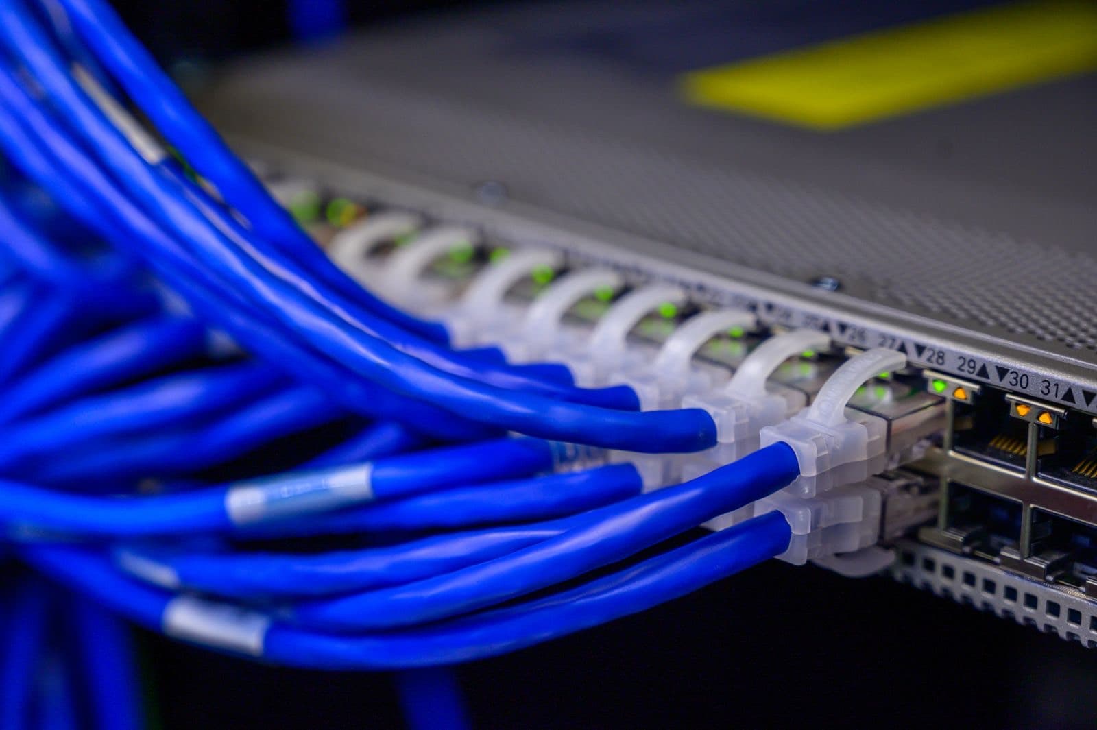 Cableado estructurado conectado a un switch de red empresarial